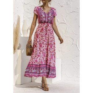 Womens Boho Floral Print V-Neck Long Maxi Dress Summer Short Sleeve Sundress XL